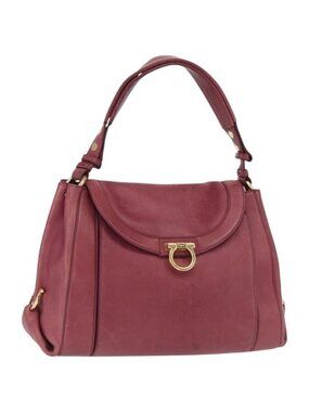 Authentic Salvatore Ferragamo Gancini Shoulder Bag Leather Pink Gold